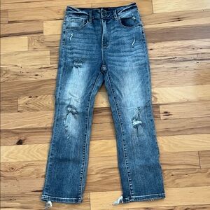 Risen Vintage Wash Straight Leg Jeans in Medium Denim, size 27